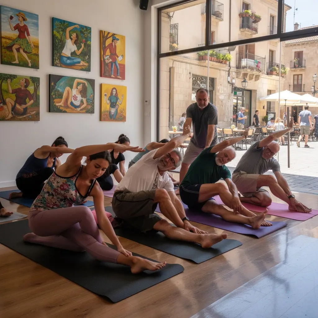 Grupo de personas en una clase de yoga, centrados en las posturas digestivas.