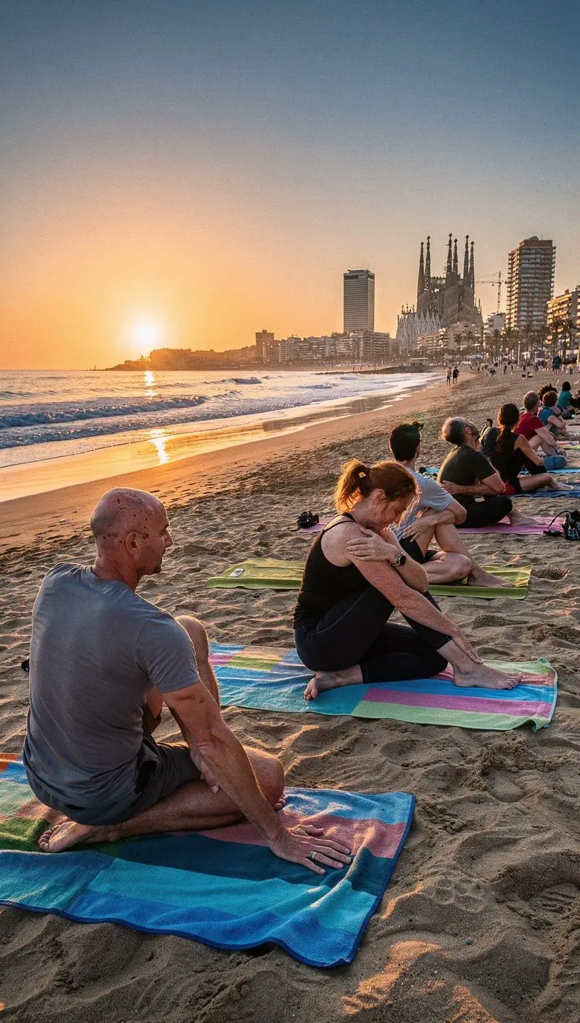 Un grupo de personas realizando giros de yoga en una clase al aire libre, sonriendo y conectando entre sí.
