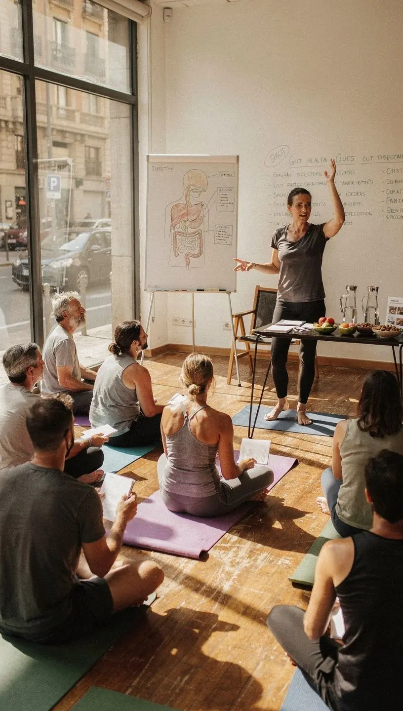 Un grupo de personas realizando giros de yoga en una clase al aire libre, sonriendo y conectando entre sí.