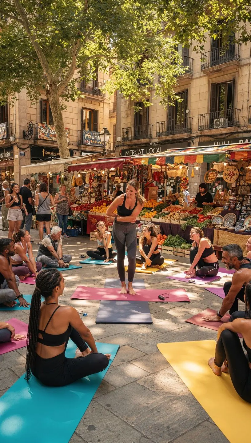 Un grupo de personas realizando giros de yoga en una clase al aire libre, sonriendo y conectando entre sí.