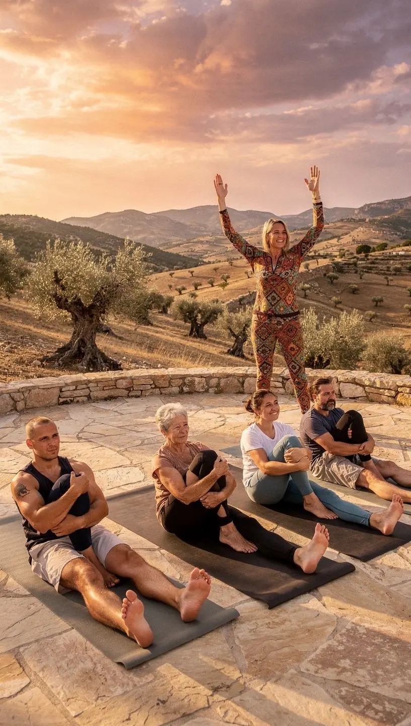 Un grupo de personas realizando giros de yoga en una clase al aire libre, sonriendo y conectando entre sí.
