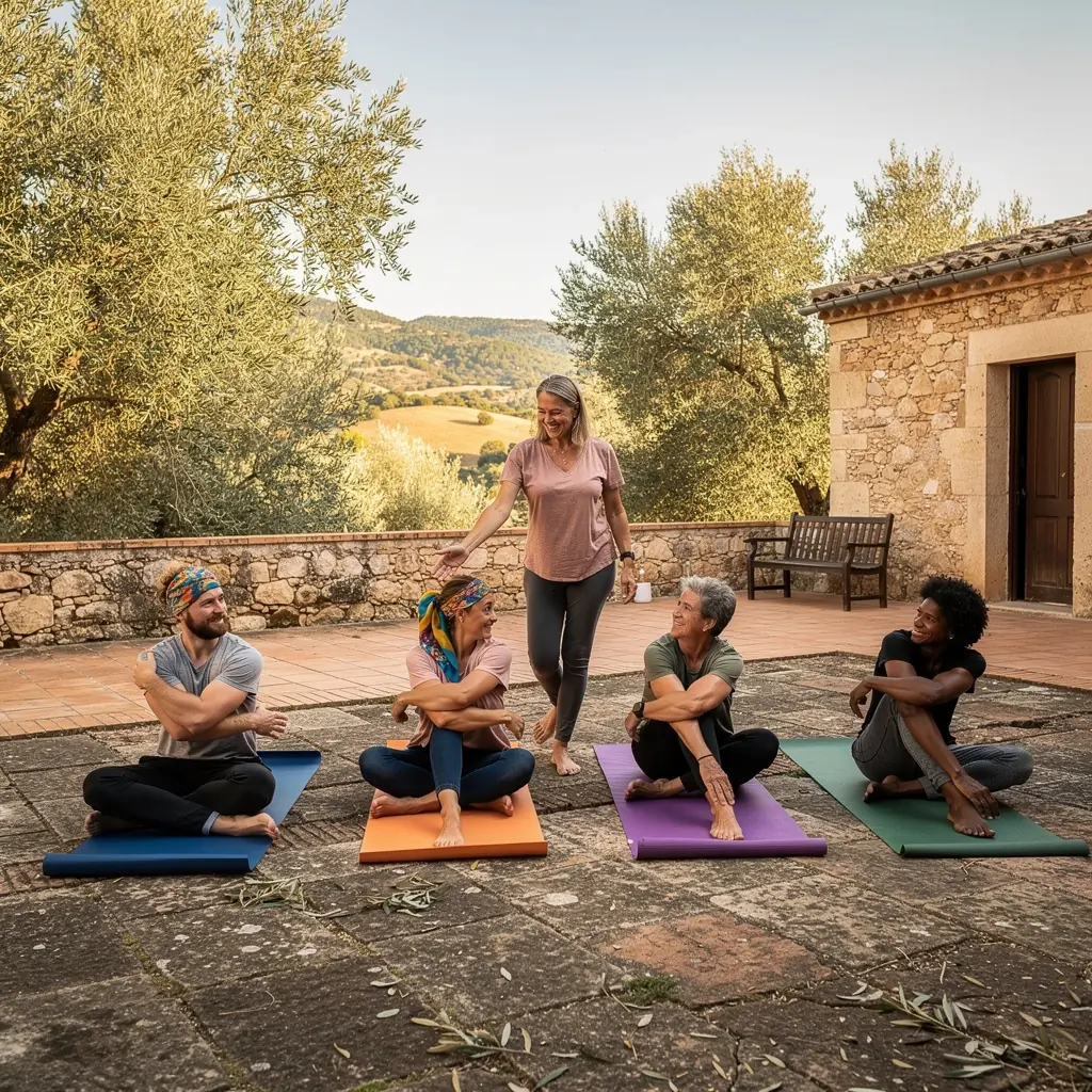 Una persona practicando una postura de yoga que favorece la digestión en un entorno natural.